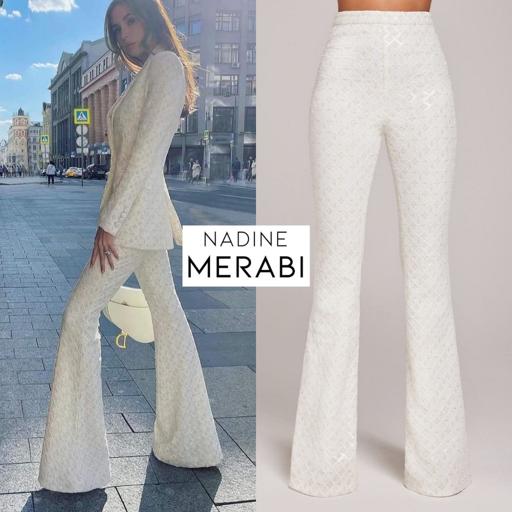 NADINE MERABI MEGHAN White Beige Flare Embroidered Sequin Velvet Trousers Pants